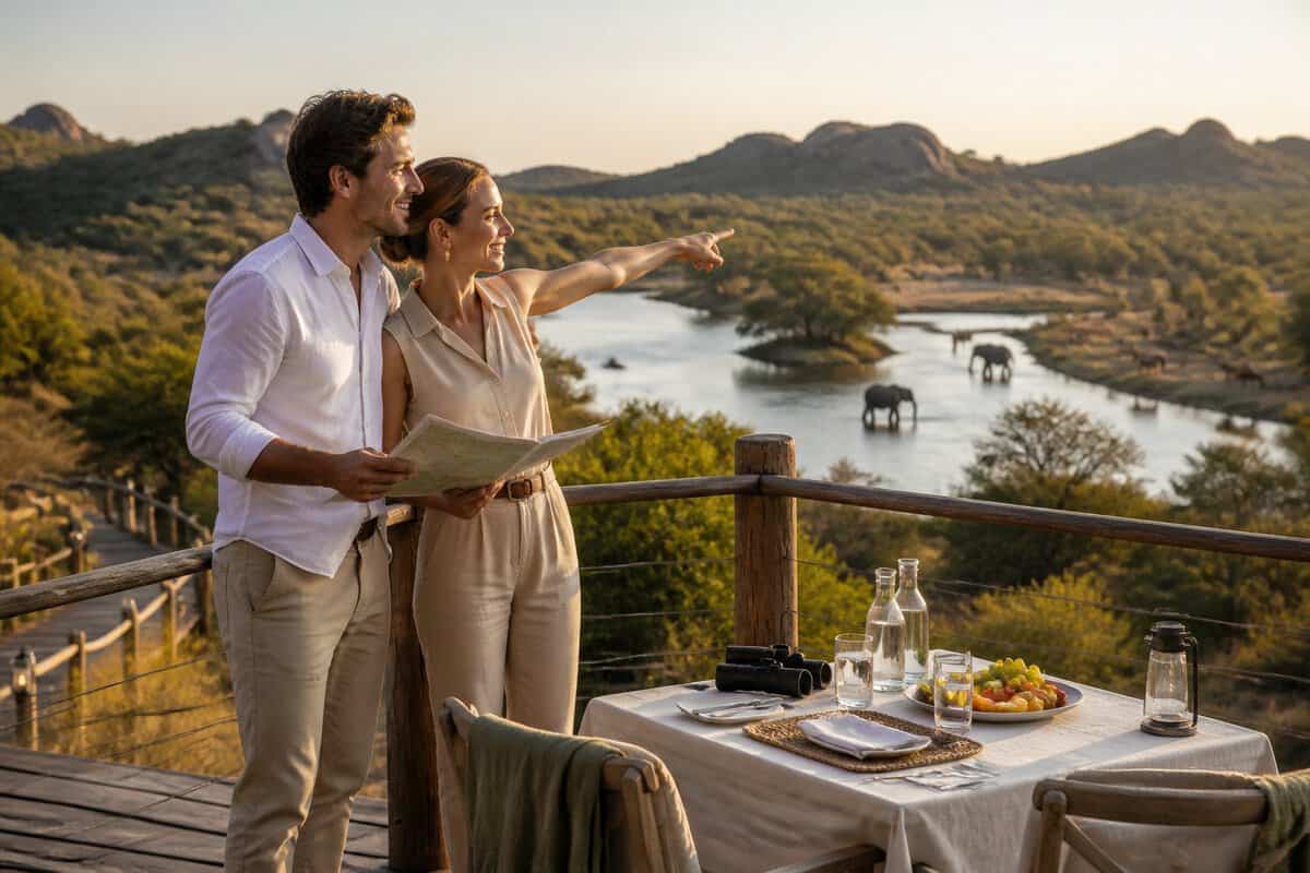 A newlywed couple enjoys a romantic sunset view over a Zimbabwean landscape from a private safari deck.