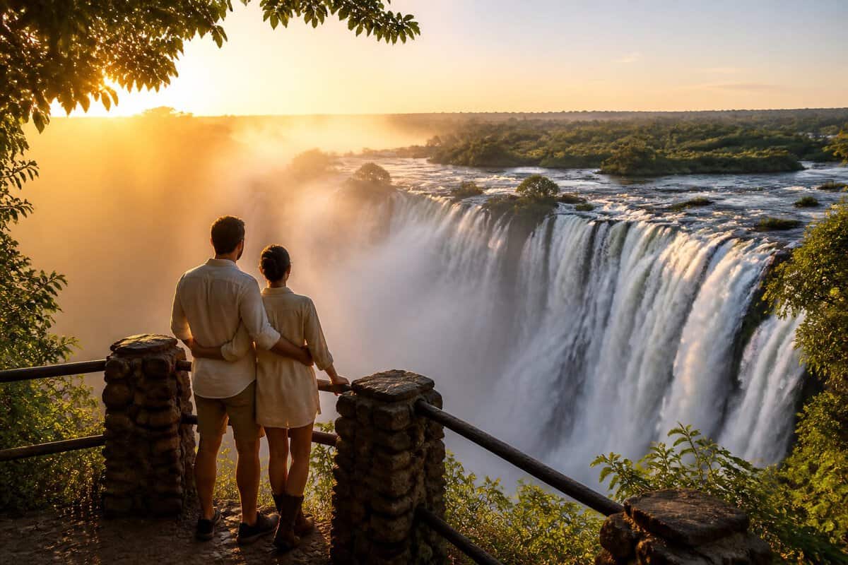 A couple overlooks Victoria Falls and the Zambezi River surrounded by lush greenery and rising mist.