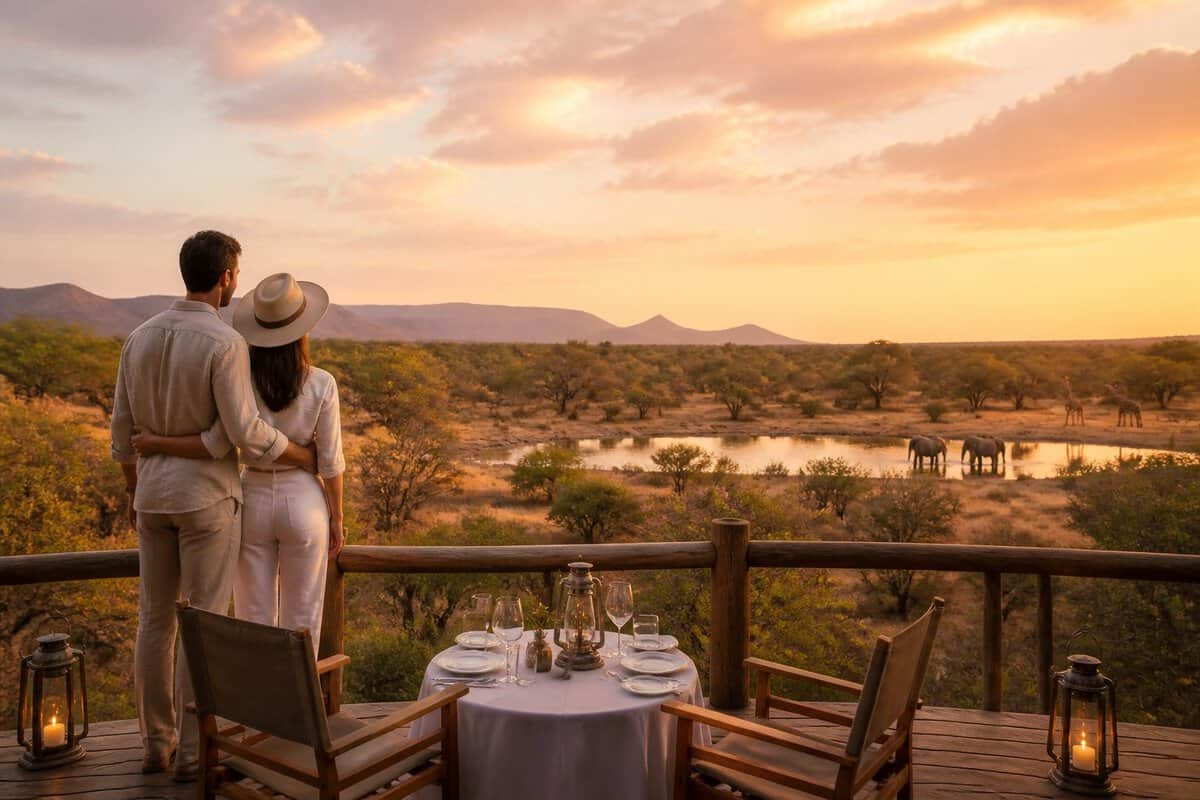 A couple overlooks Zimbabwe’s savanna and a waterhole from a private safari lodge deck at sunset.