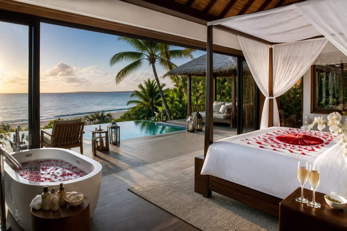 A luxurious tropical honeymoon suite with a private pool overlooking the ocean.