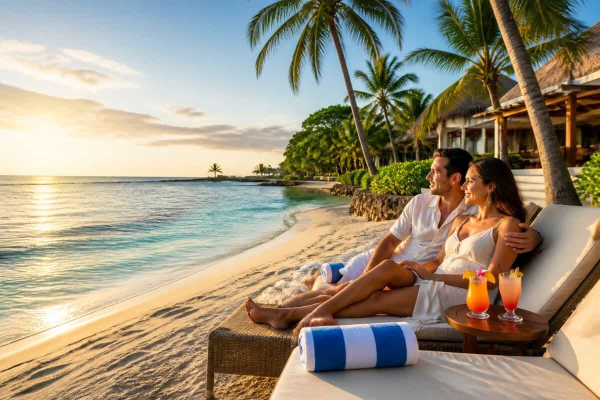 Newlywed couple relaxing on a tropical Belize beach beside a luxury resort.