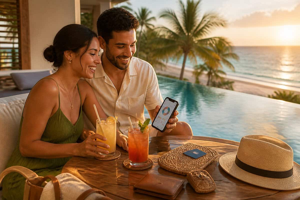 A newlywed couple relaxes at a tropical Belize resort overlooking turquoise Caribbean water.