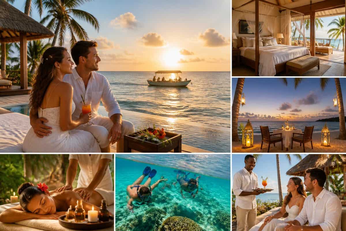 A newlywed couple enjoys a luxury beachfront honeymoon resort in Belize.