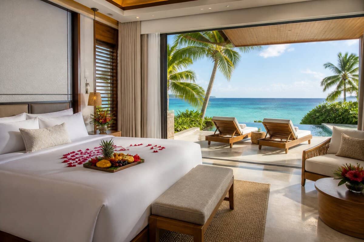 A luxurious honeymoon suite opening onto a tropical terrace overlooking the ocean.