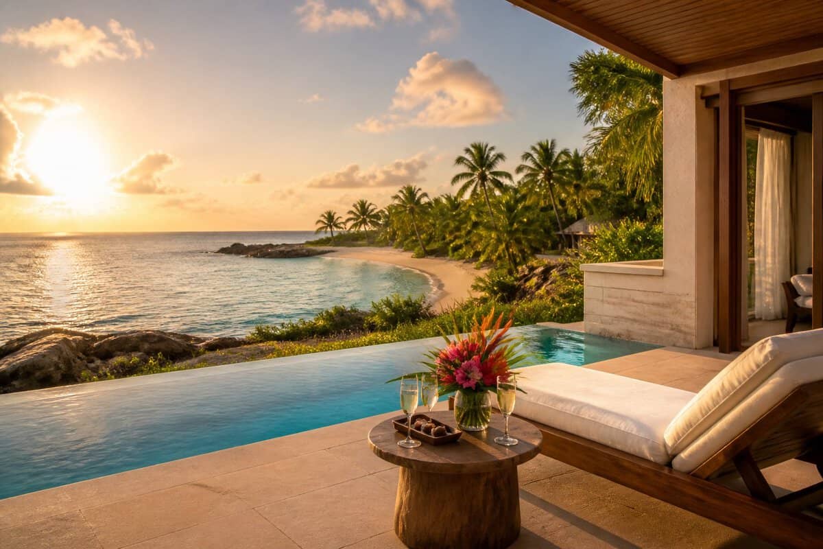 A luxurious beachfront honeymoon suite overlooking a turquoise tropical ocean.
