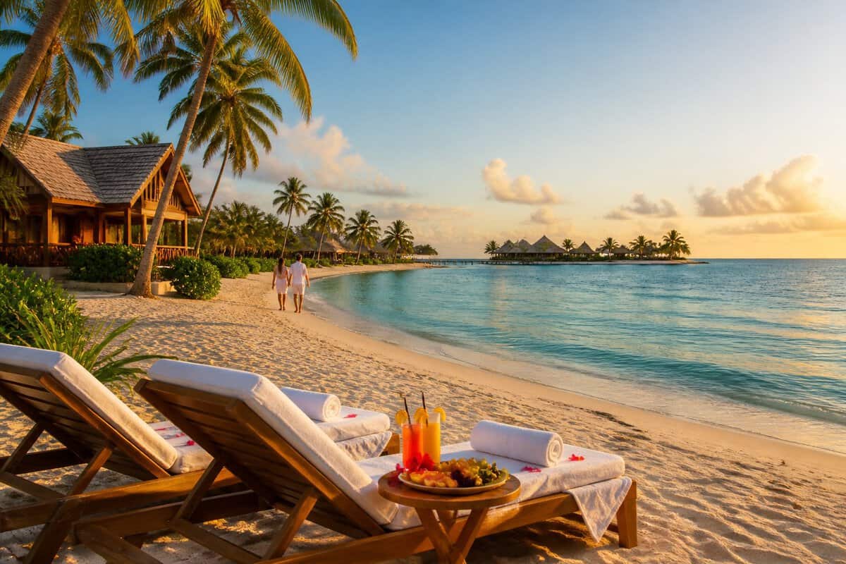 A romantic beachfront honeymoon setup overlooking a Belizean coast, tropical resort, and small private island.