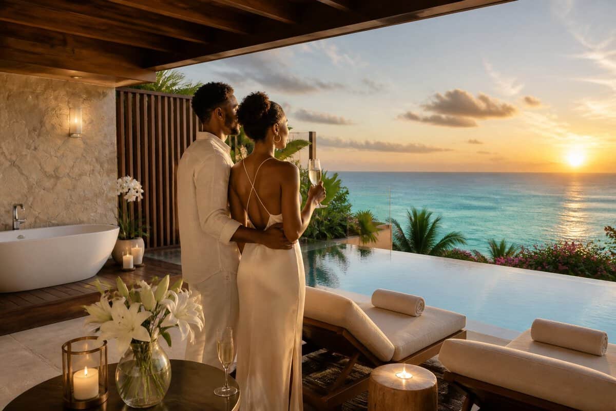 A couple relaxes on a luxury resort terrace overlooking a tropical infinity pool and ocean.
