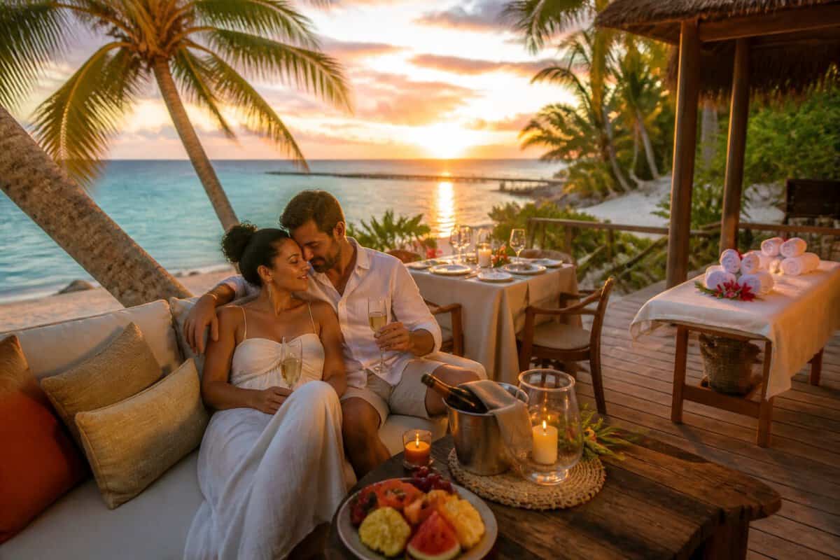 A newlywed couple enjoys a private beachfront dinner and spa amenities at a tropical Belize resort.