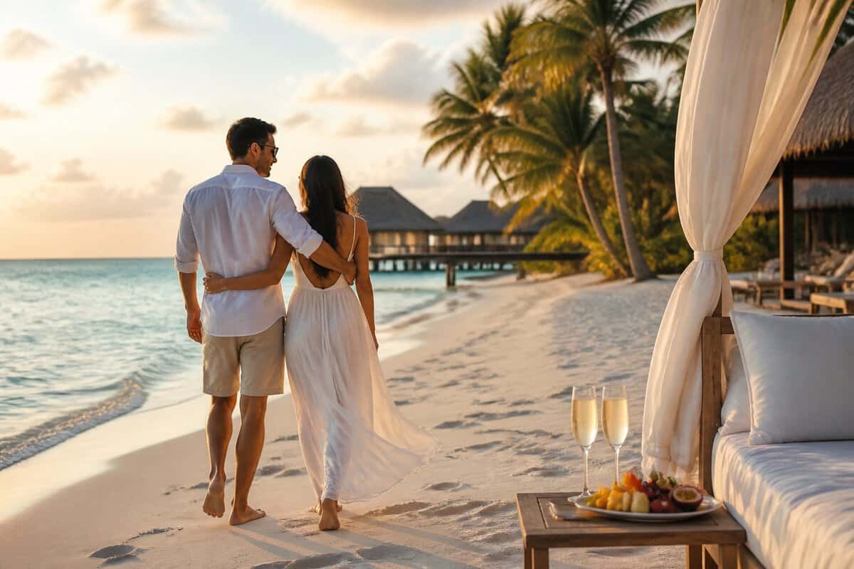 A newlywed couple walks along a tropical beach near a luxurious resort at sunset.