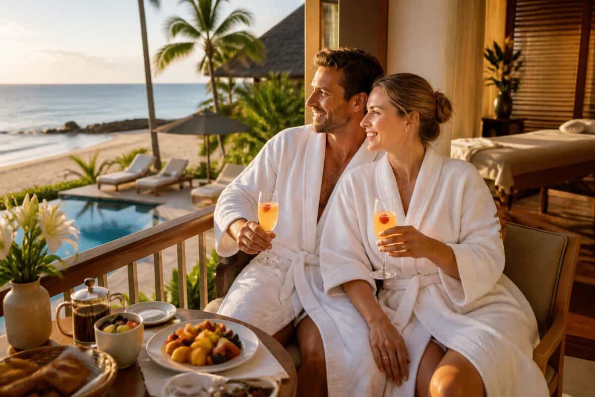 Newlywed couple relaxing at a tropical all-inclusive resort with breakfast, drinks, a pool, and the beach nearby.