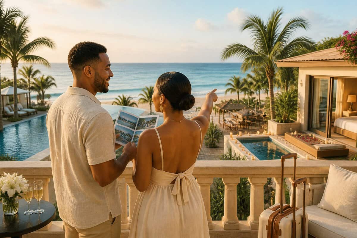 A newlywed couple compares resort options from a tropical terrace overlooking the ocean.
