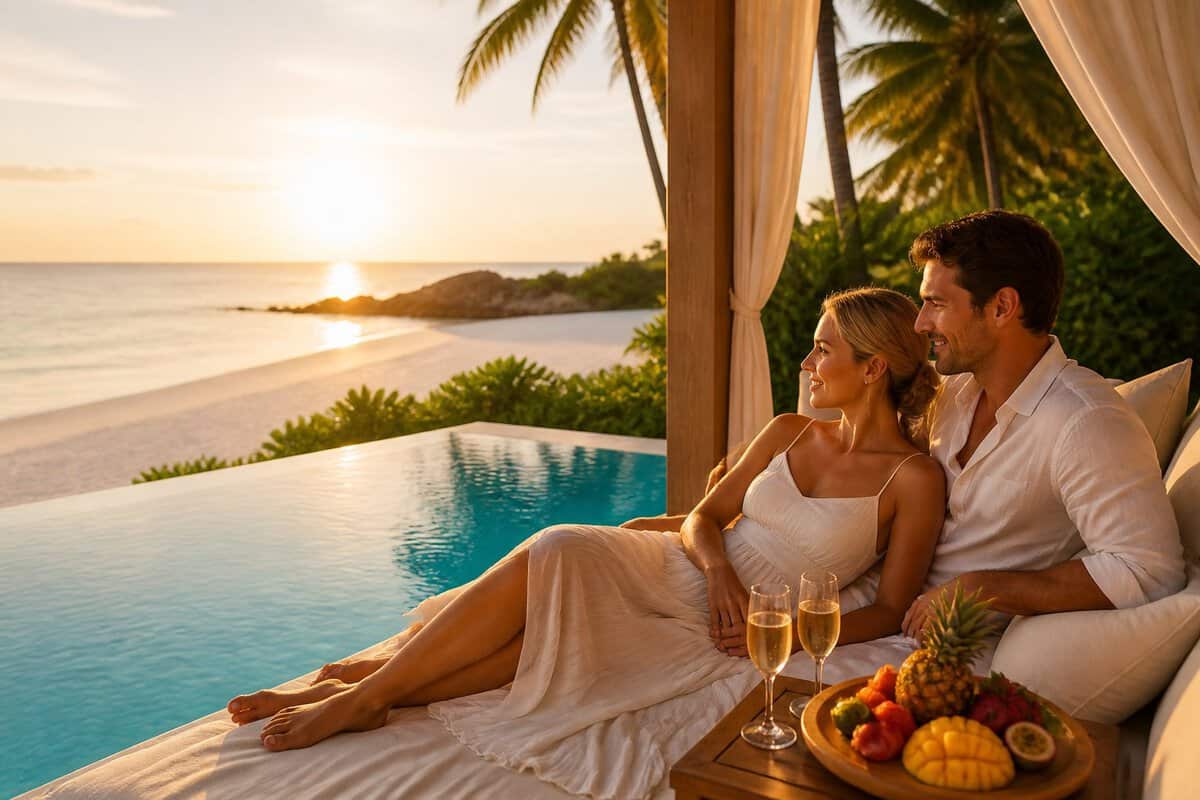 Newlywed couple relaxing at a luxurious tropical beach resort during sunset.