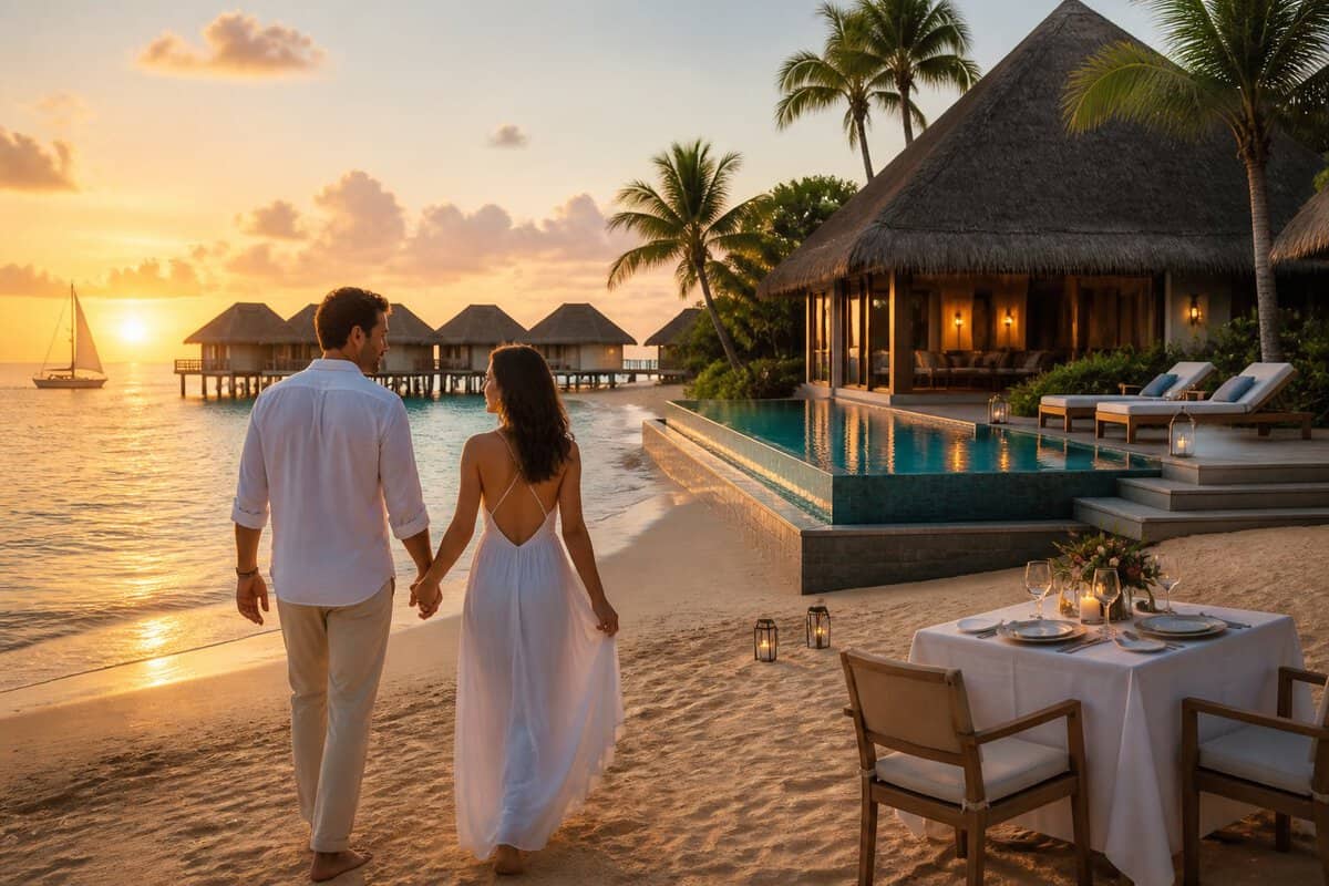 A newlywed couple walks hand in hand along a tropical beach beside a luxurious resort at sunset.