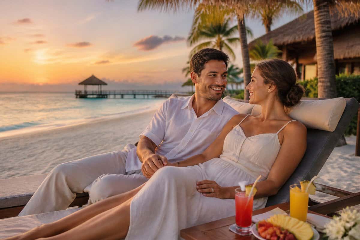 A smiling newlywed couple relaxes at a luxurious tropical beach resort in Belize.