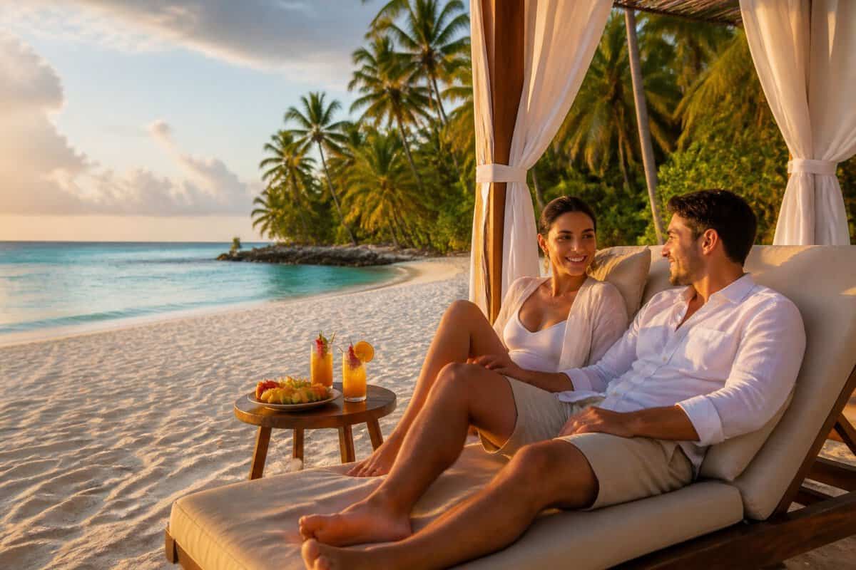 A newlywed couple relaxes beside a tropical beach at sunset with turquoise water, palm trees, and a private cabana.