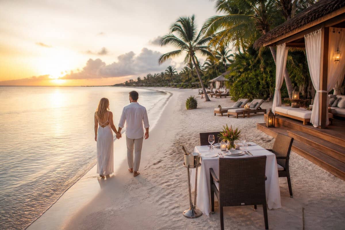 A couple walks hand in hand along a tropical Belize beach beside a luxurious resort.