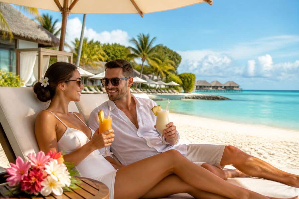 A newlywed couple relaxing together on a sunny tropical resort beach.
