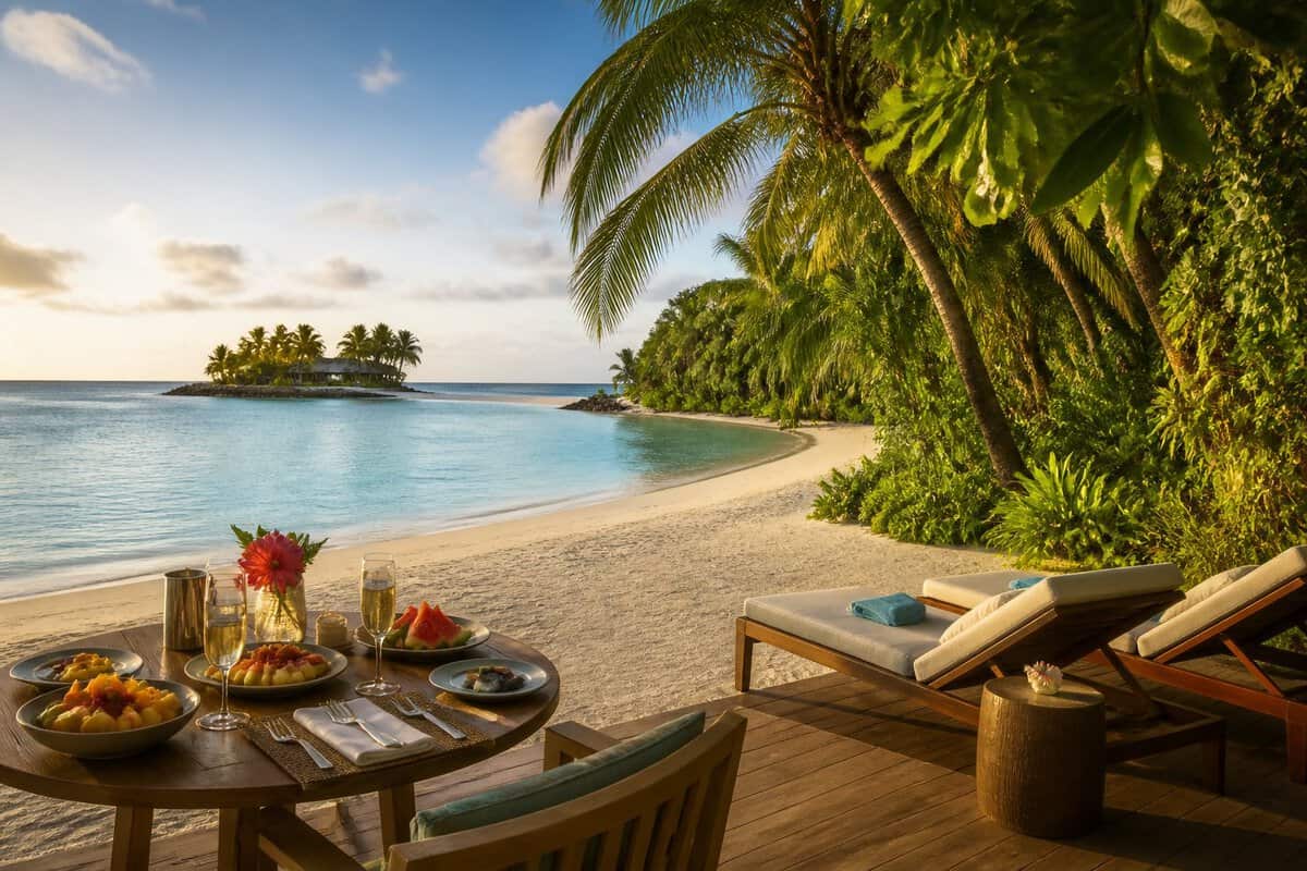 A tropical Belize scene combining a sandy beach, turquoise sea, lush island, and dense jungle vegetation.