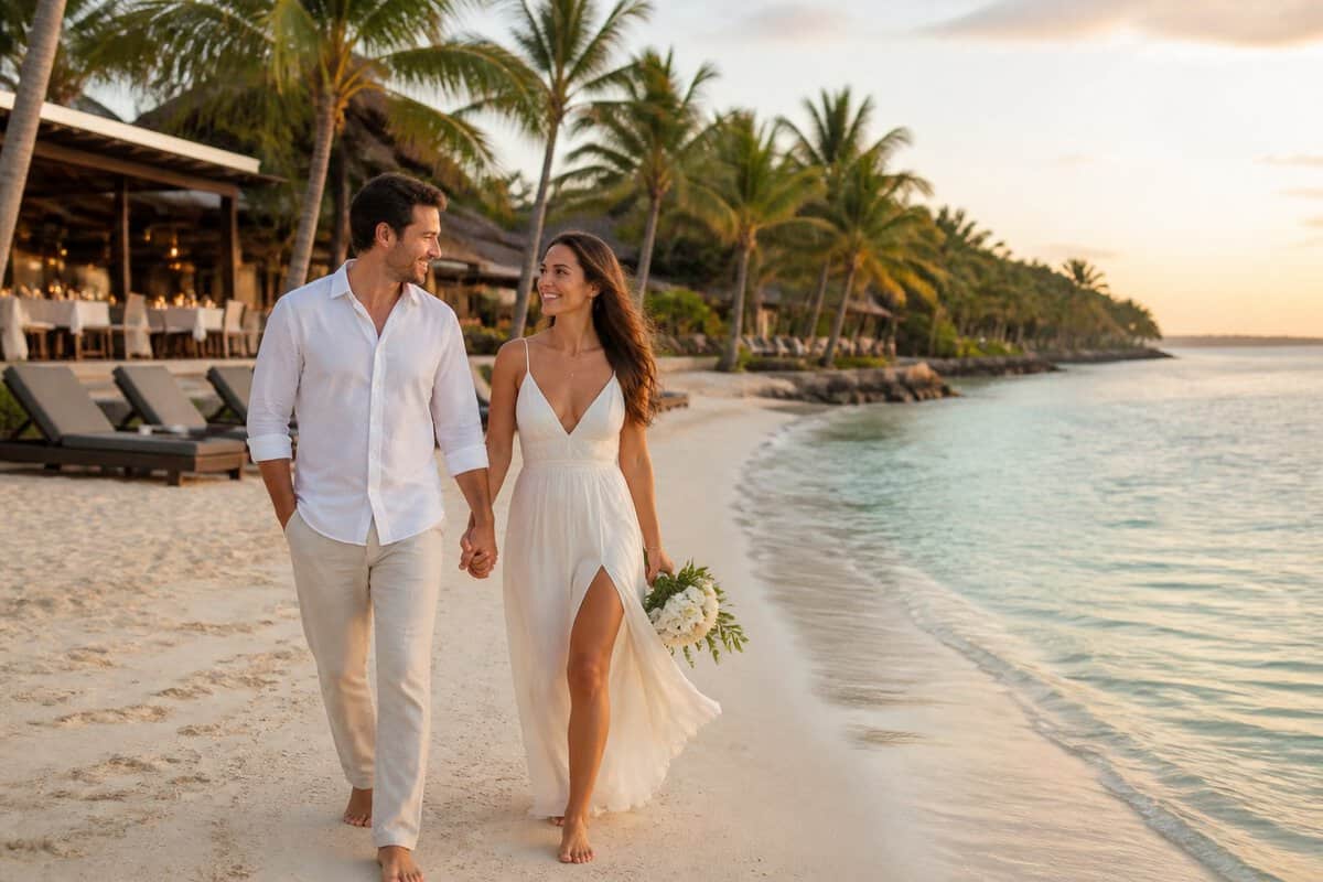 Newlywed couple walking hand in hand along a tropical resort beach.