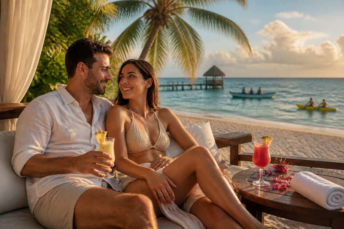A newlywed couple relaxing together at a tropical Belize beach resort.