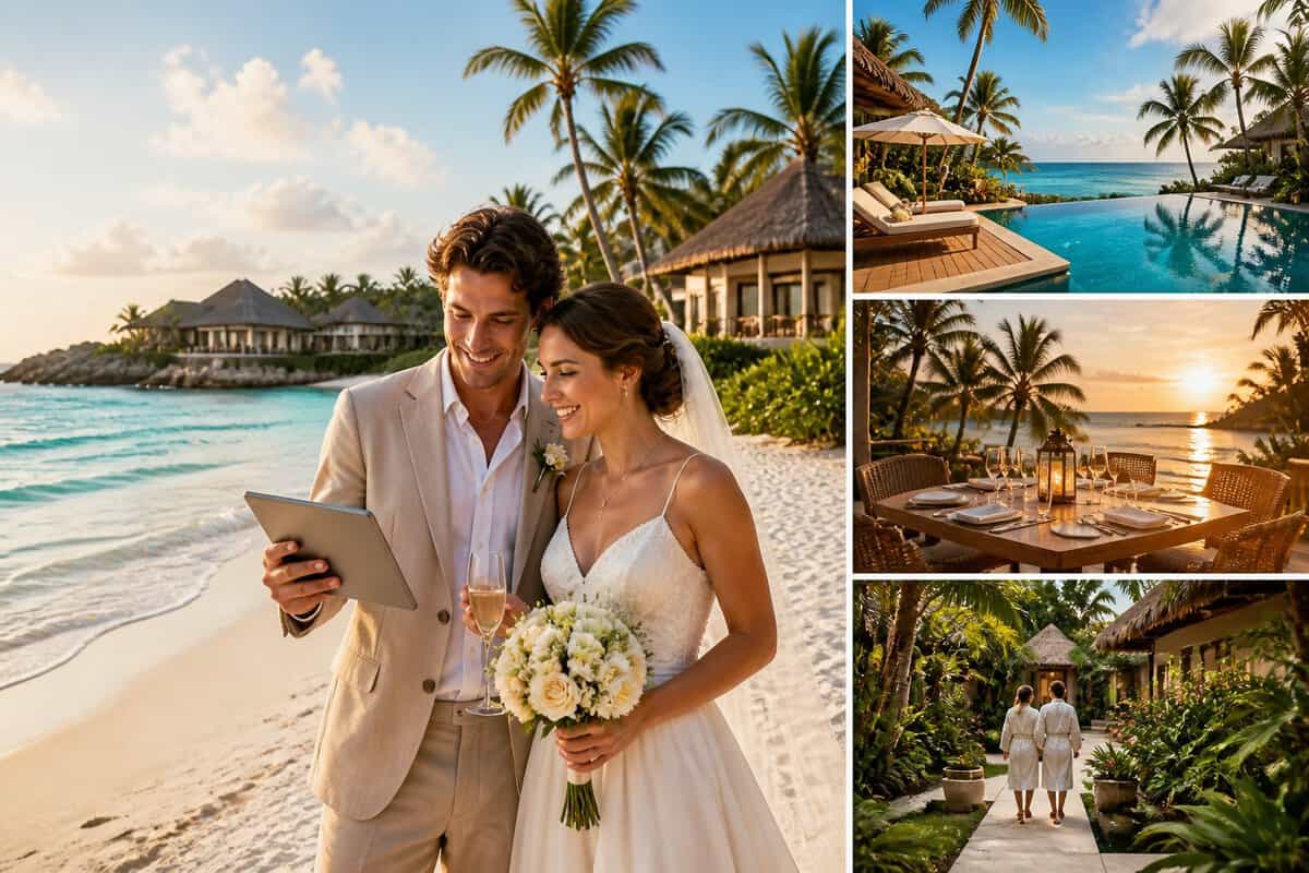 A newlywed couple considers resort options beside a luxurious tropical beach.
