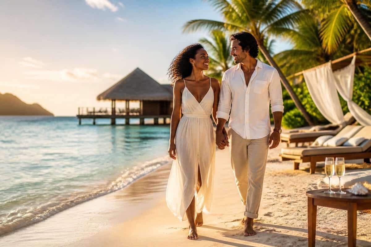 Newlywed couple holding hands while walking along a tropical beach near a luxury resort.