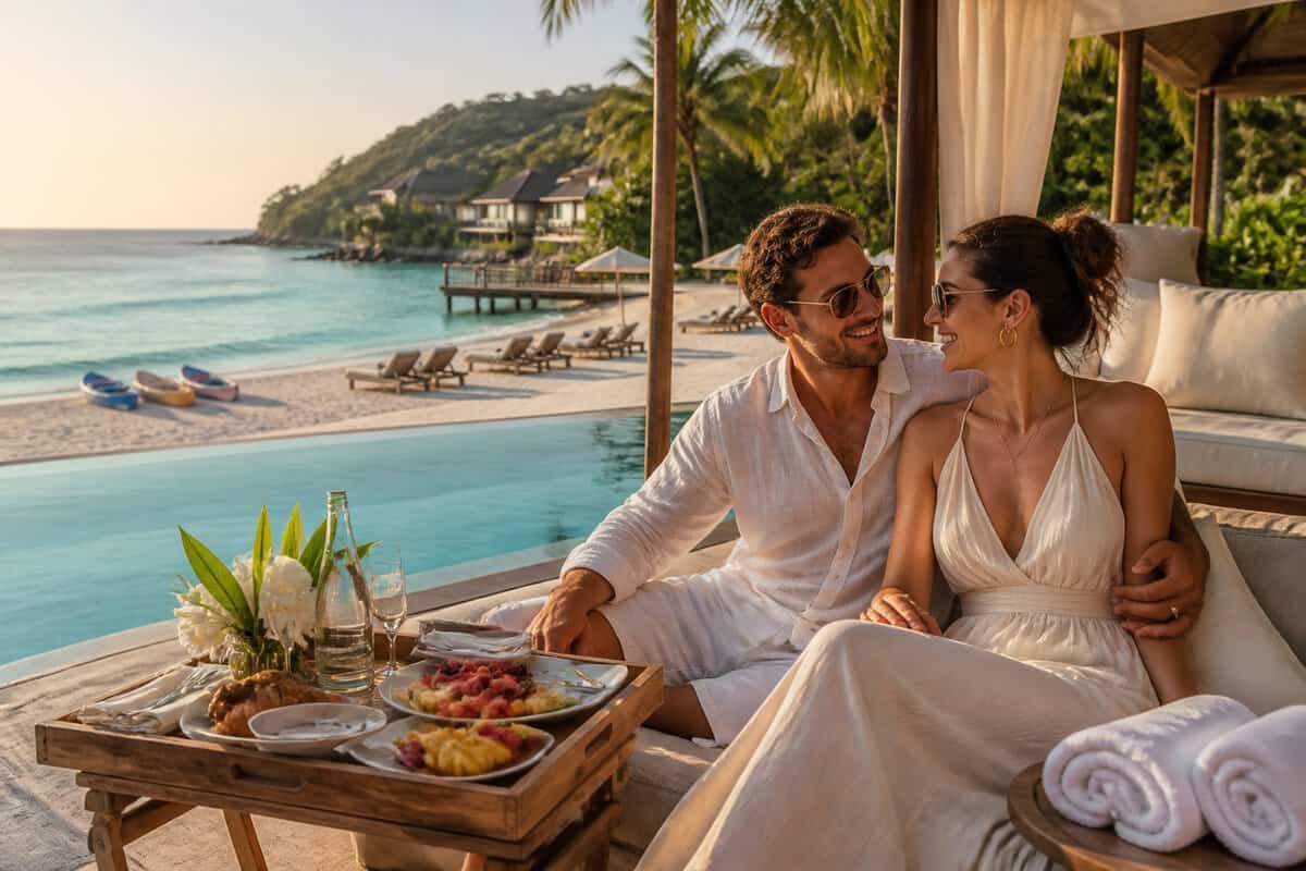 Newlywed couple relaxing beside an infinity pool at a tropical beachfront resort.