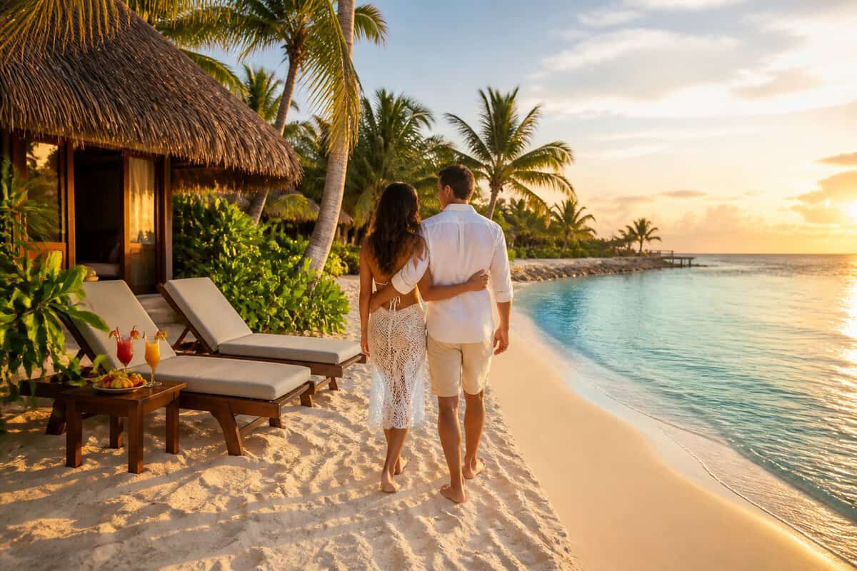 A newlywed couple walks along a tropical beach beside a luxury resort in Belize.