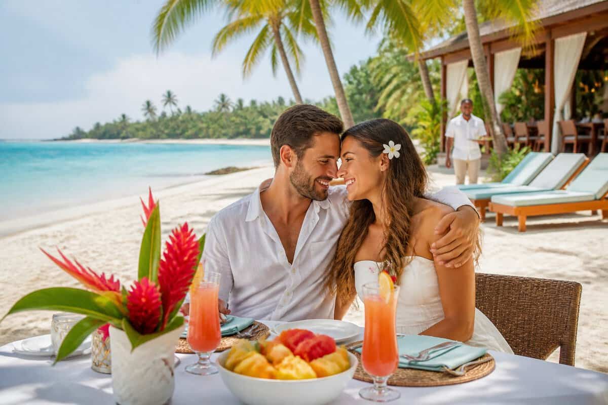 Newlywed couple relaxing beside a tropical beach resort in Belize with turquoise water and a romantic dining setup.
