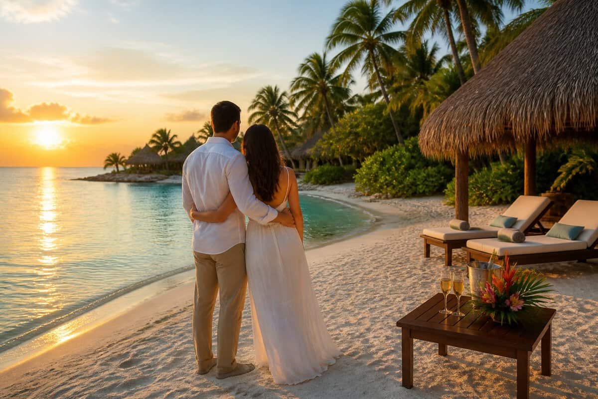 A couple stands together on a Belize beach at sunset near a tropical resort table set with champagne.