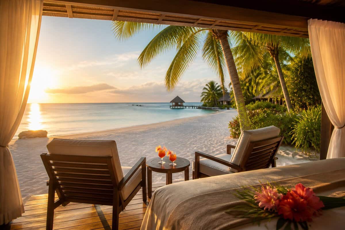 A secluded Belize beach resort with turquoise water, palm trees, and a romantic cabana at sunset.