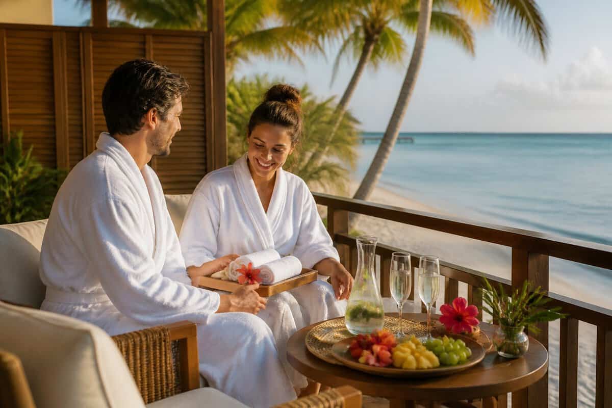A newlywed couple enjoys personalized honeymoon amenities on a tropical Belize beach terrace.