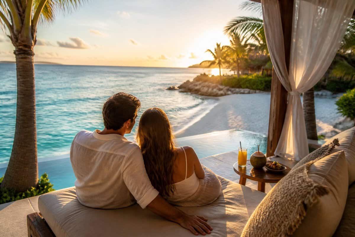 A newlywed couple relaxes at a tropical beachfront resort overlooking turquoise water.