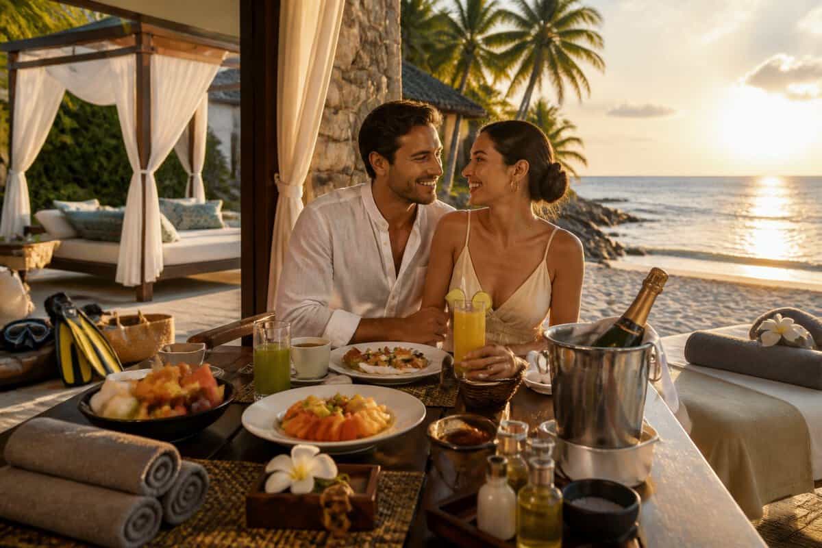 A newlywed couple enjoys a luxurious beachfront meal at an all-inclusive tropical resort.