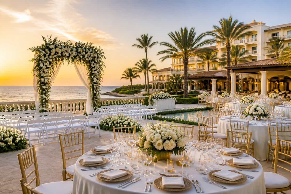 An elegant wedding ceremony and reception arranged at a landscaped resort venue.