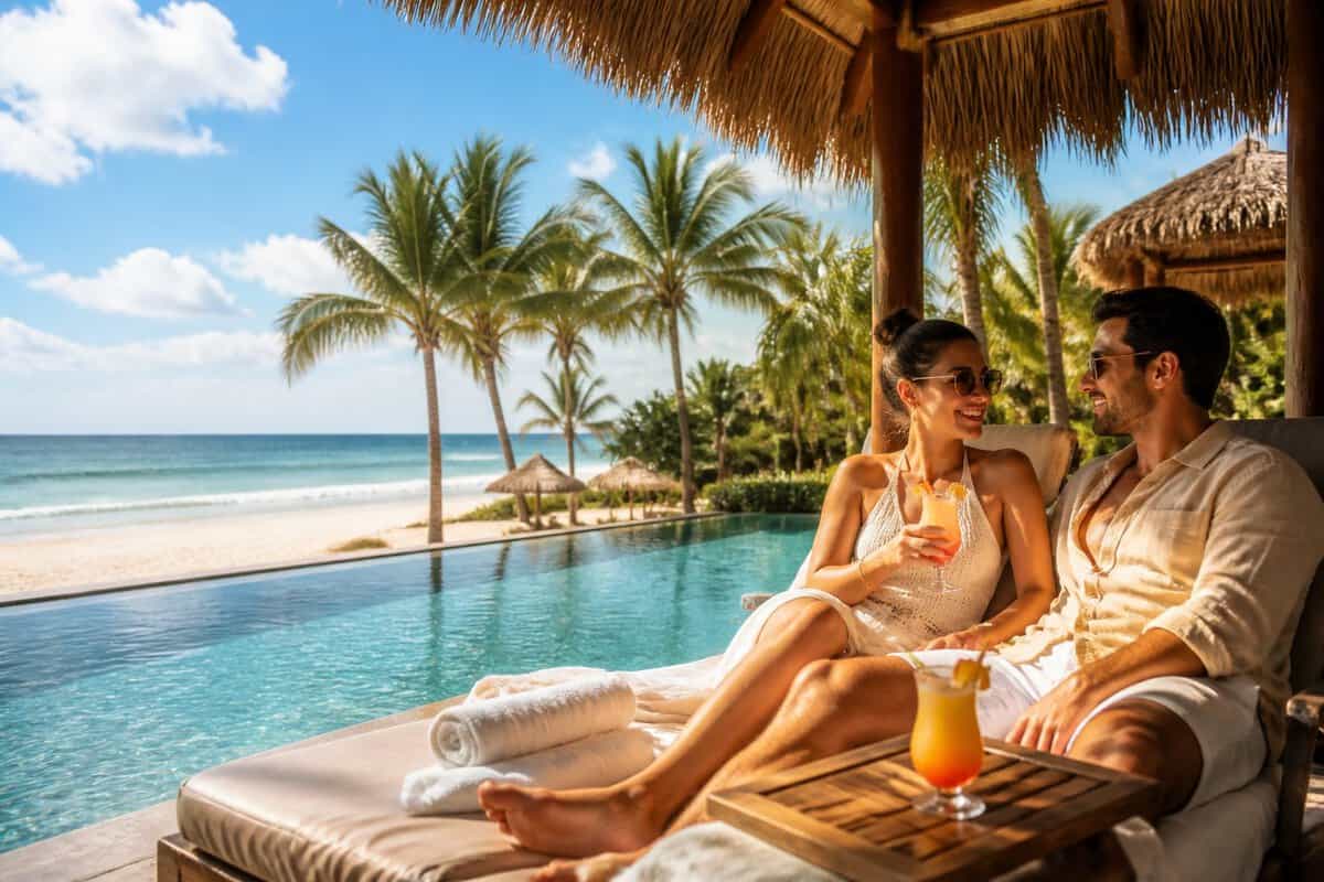 A newlywed couple relaxing beside a turquoise pool at a tropical beachfront resort.