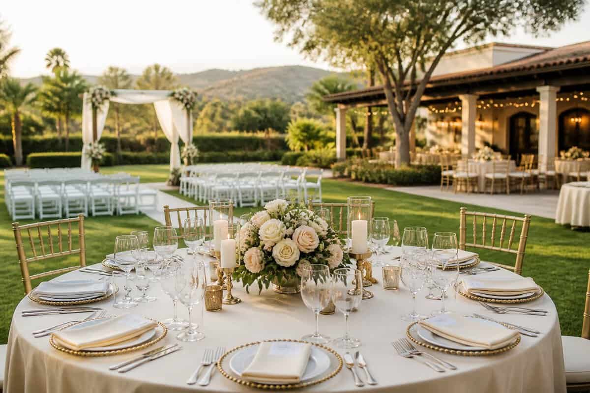 Elegant wedding ceremony and reception setup at a landscaped venue.