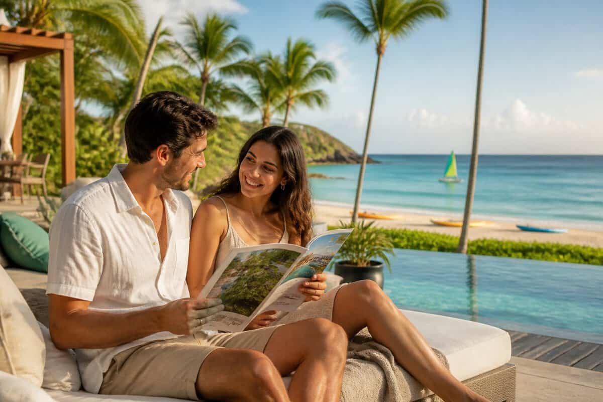 A newlywed couple discusses resort activities beside an infinity pool overlooking a tropical ocean.