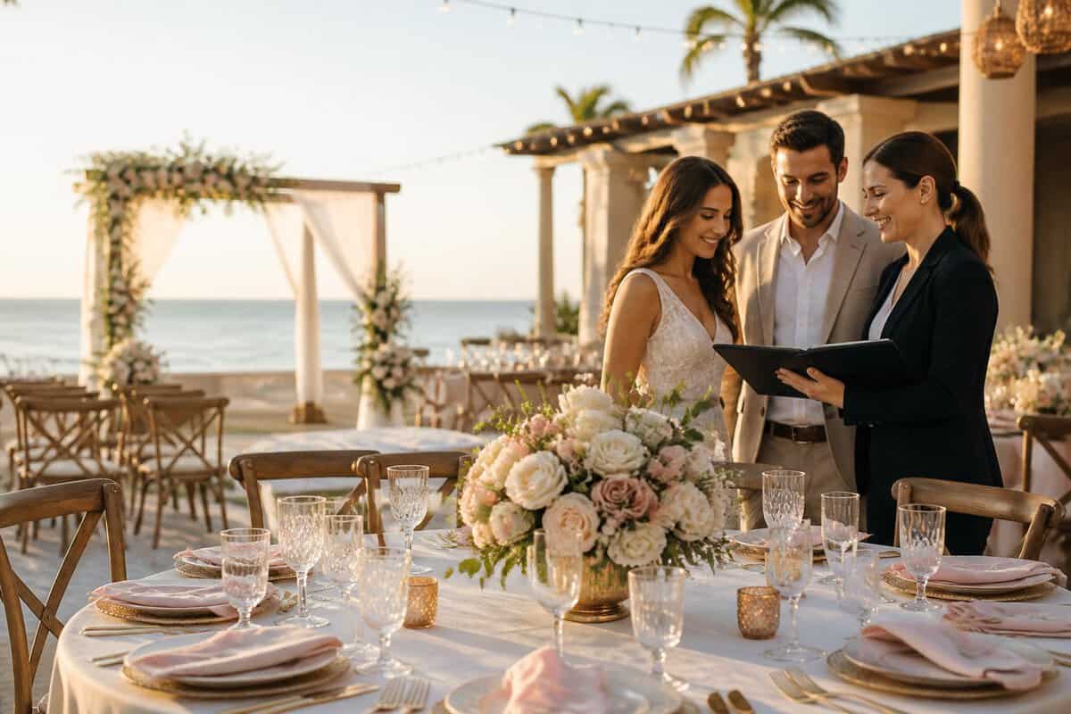 A couple consults with a wedding planner at an elegant all-inclusive reception venue.