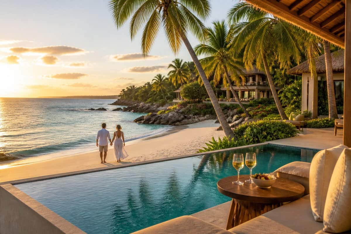 A newlywed couple relaxes at a tropical all-inclusive beachfront resort beside a private pool overlooking the ocean.