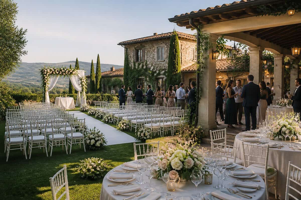 An elegant all-inclusive wedding venue with a decorated ceremony area, reception tables, landscaped grounds, and guests mingling.