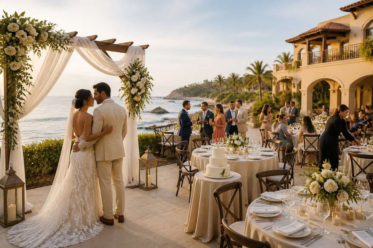 An elegant wedding reception at a resort-style venue with decorated tables, guests, and a scenic outdoor setting.