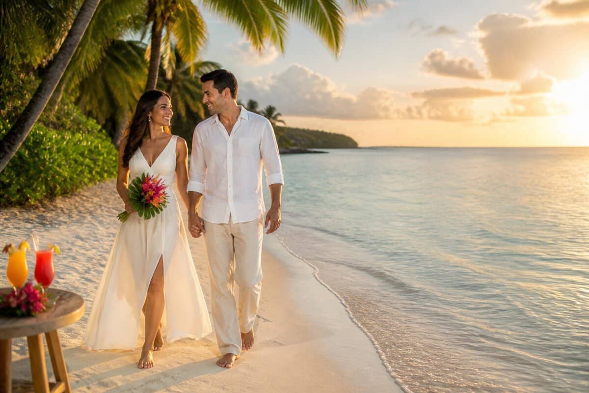 A newlywed couple walks along a tropical Caribbean beach with turquoise water, palm trees, and resort drinks nearby.