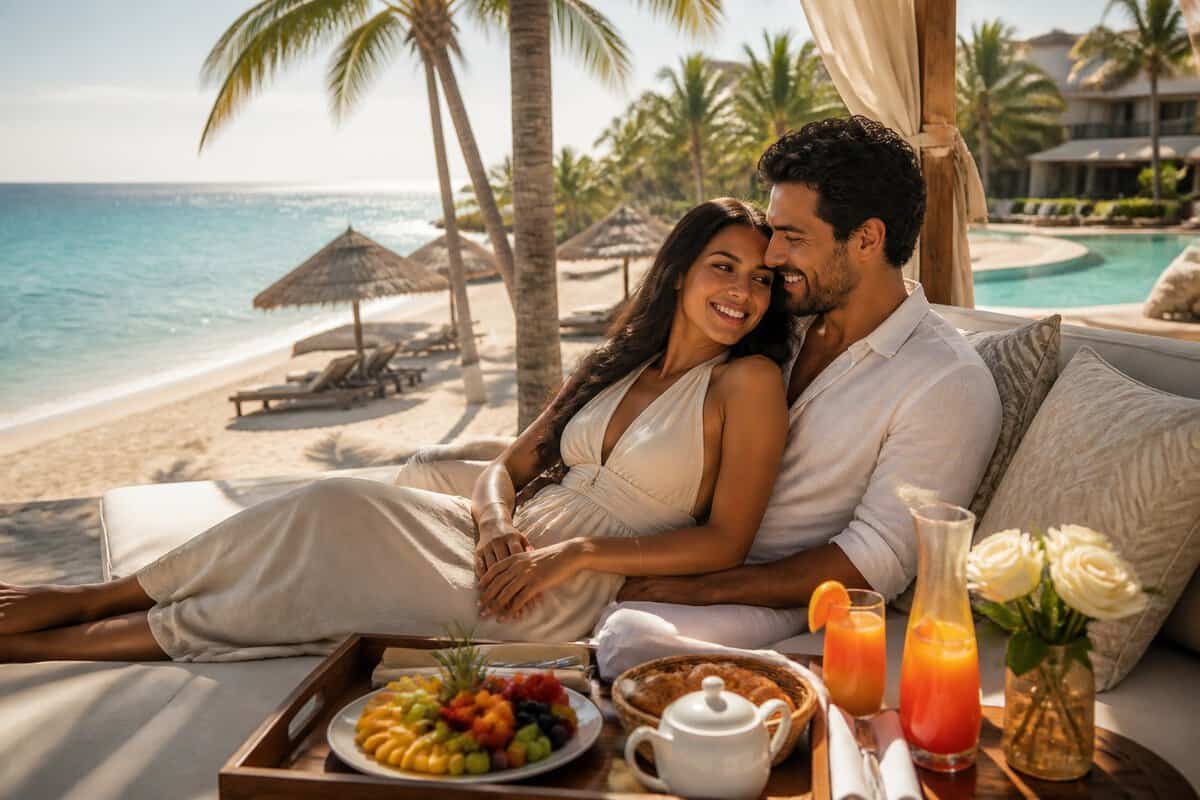 Newlywed couple relaxing at a luxurious Caribbean beach resort with tropical drinks and breakfast nearby.