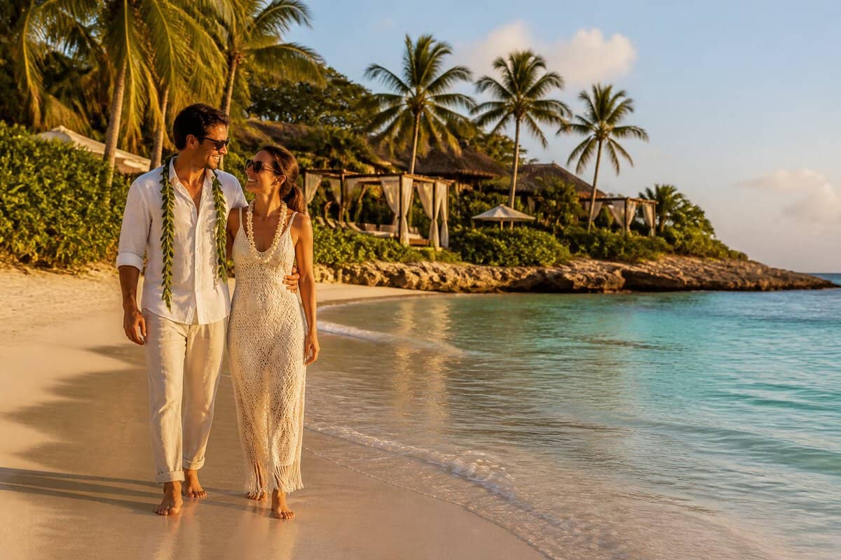 A newlywed couple walks along a white-sand Caribbean beach beside turquoise water and a tropical resort.