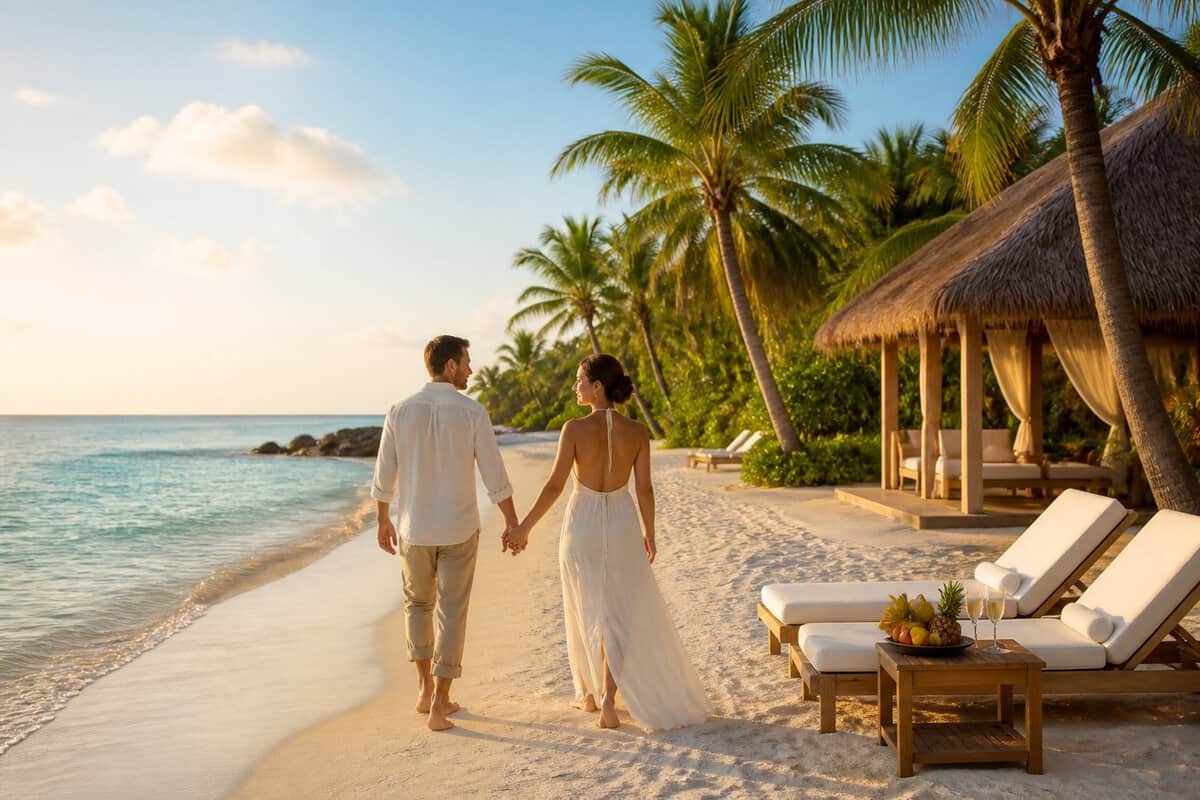 A newlywed couple walks along a tropical Caribbean beach beside a luxury resort.