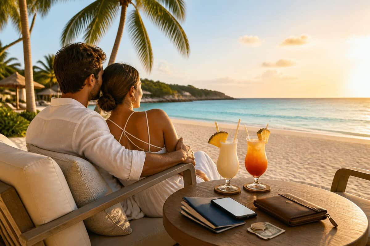A newlywed couple relaxes at a Caribbean beach resort beside tropical drinks and travel items.