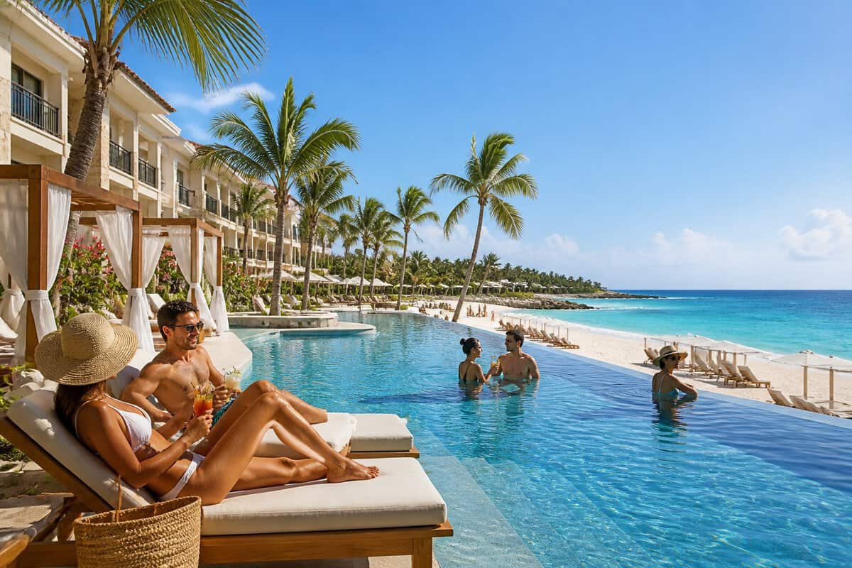 Two adults relax beside an infinity pool at a tropical resort overlooking the Caribbean Sea.