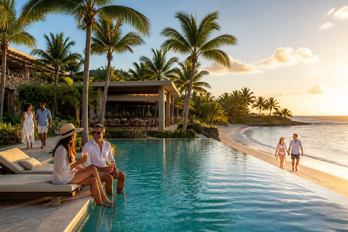 Adults relaxing at a luxurious tropical resort beside a pool and Caribbean beach in the Dominican Republic.