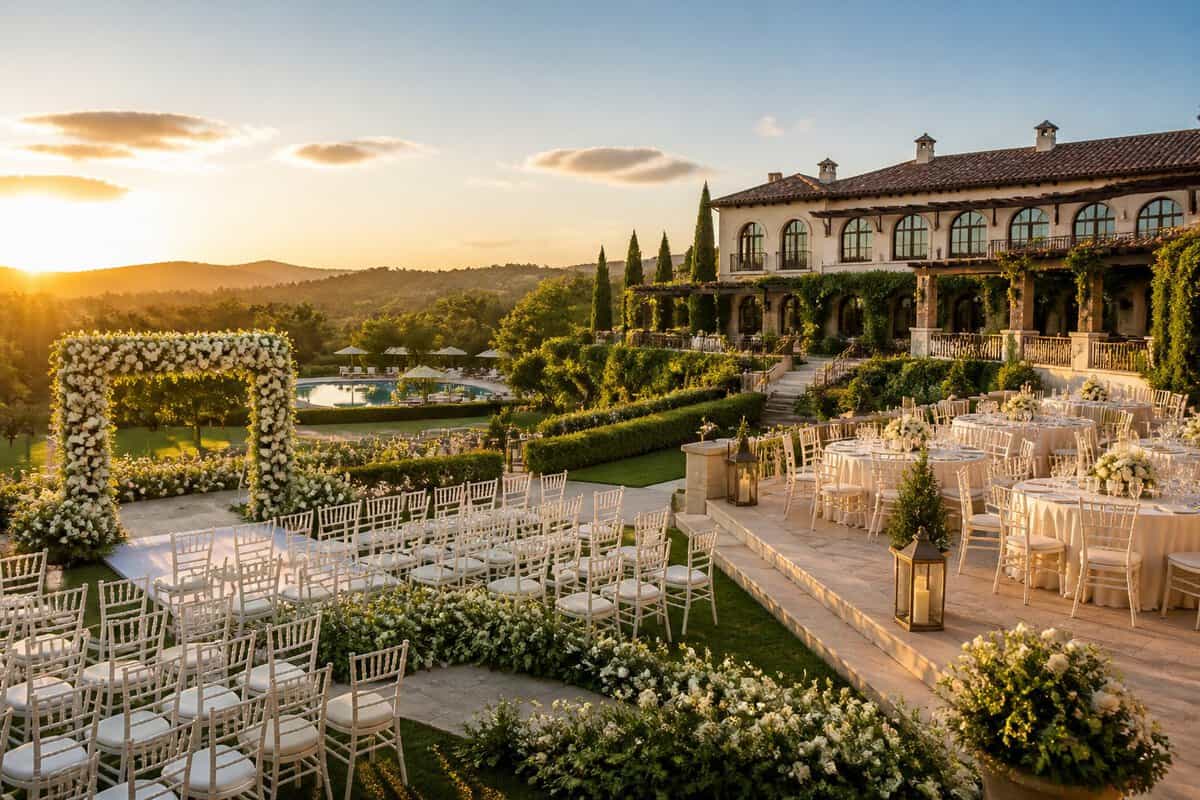 An elegant wedding venue with a floral ceremony arch, white chairs, landscaped gardens, and a reception terrace prepared for guests.
